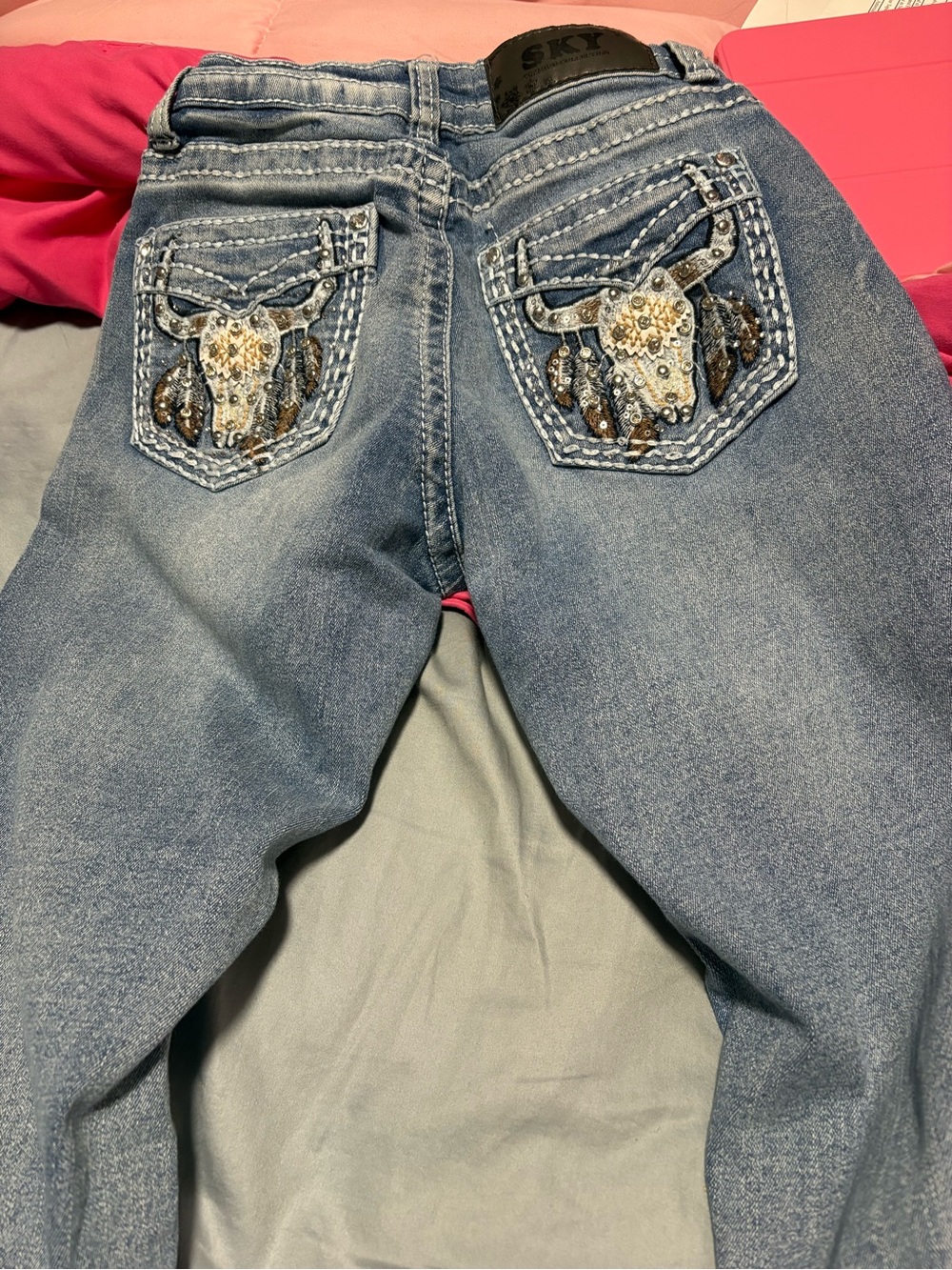 Sky Embellished Light Blue Skinny Jeans with Sequin Steer Pockets - Sky
